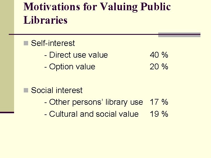 Motivations for Valuing Public Libraries n Self-interest - Direct use value - Option value