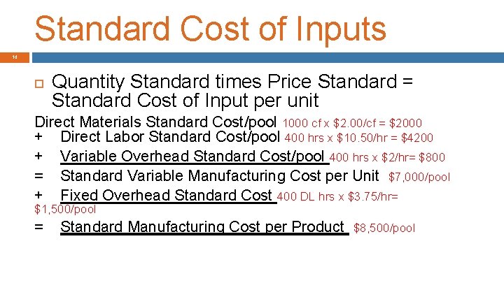 Standard Cost of Inputs 14 Quantity Standard times Price Standard = Standard Cost of