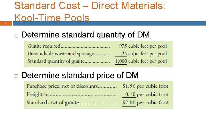 9 Standard Cost – Direct Materials: Kool-Time Pools Determine standard quantity of DM Determine