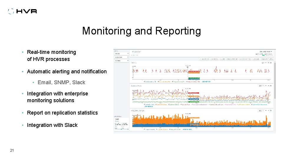 Monitoring and Reporting • Real-time monitoring of HVR processes • Automatic alerting and notification