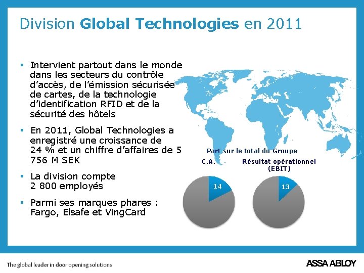 Division Global Technologies en 2011 § Intervient partout dans le monde dans les secteurs