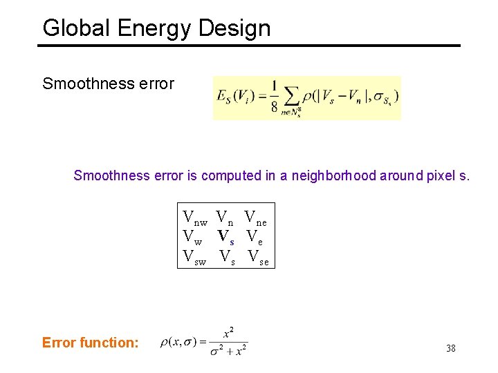 Global Energy Design Smoothness error is computed in a neighborhood around pixel s. Vnw
