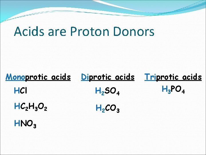 Acids are Proton Donors Monoprotic acids Diprotic acids HCl H 2 SO 4 HC