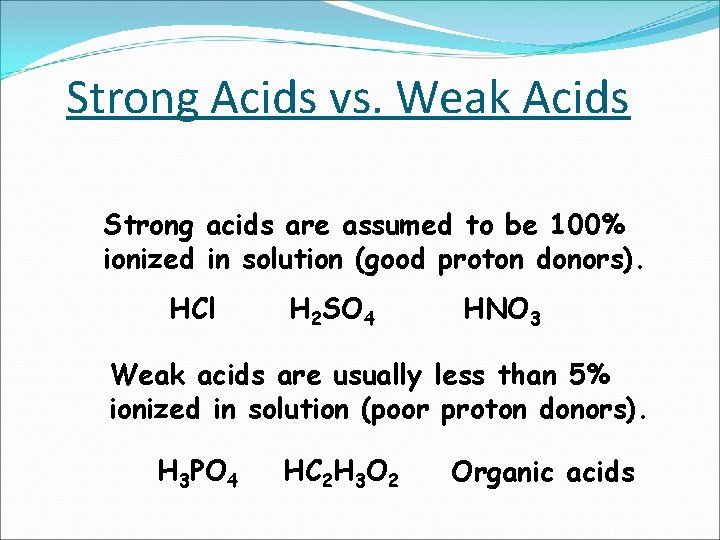 Strong Acids vs. Weak Acids Strong acids are assumed to be 100% ionized in