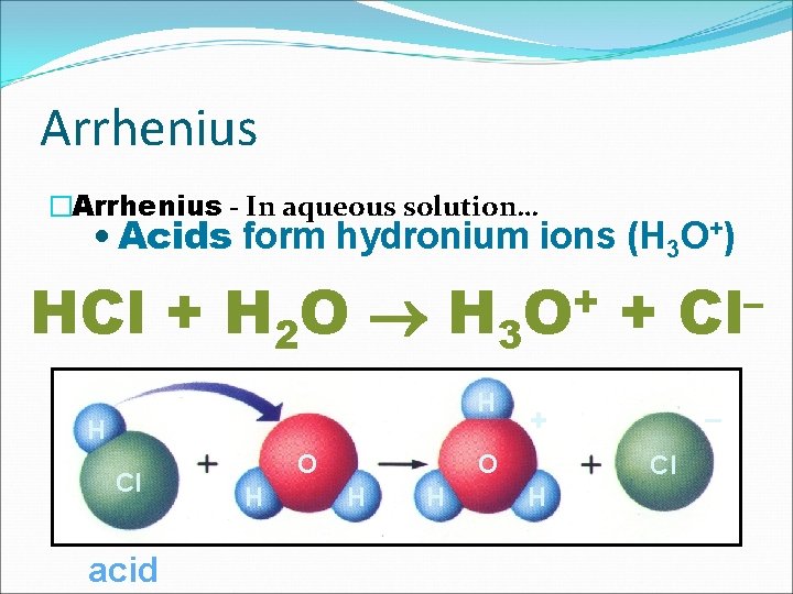 Arrhenius �Arrhenius - In aqueous solution… • Acids form hydronium ions (H 3 O+)