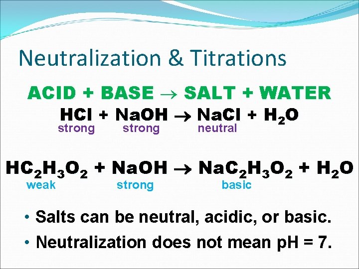 Neutralization & Titrations ACID + BASE SALT + WATER HCl + Na. OH Na.