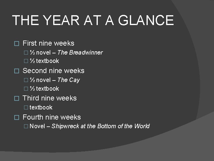 THE YEAR AT A GLANCE � First nine weeks � ½ novel – The