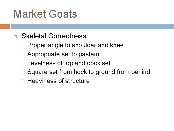Market Goats Skeletal Correctness � � � Proper angle to shoulder and knee Appropriate
