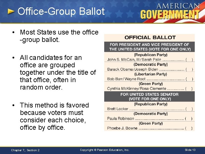 Office-Group Ballot • Most States use the office -group ballot. • All candidates for
