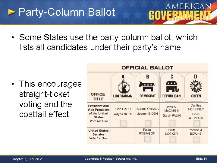 Party-Column Ballot • Some States use the party-column ballot, which lists all candidates under