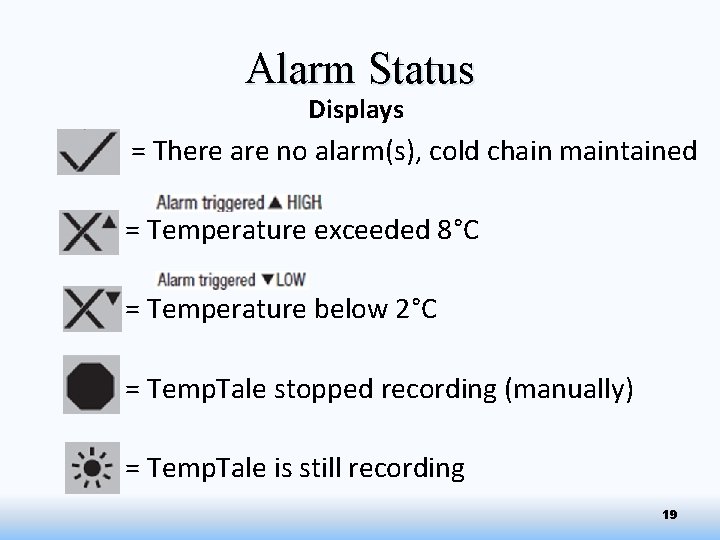 Alarm Status Displays = There are no alarm(s), cold chain maintained = Temperature exceeded
