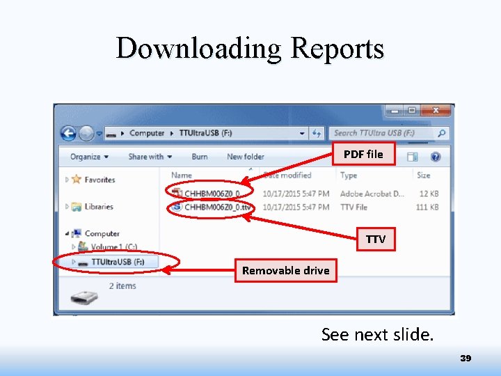 Downloading Reports PDF file TTV Removable drive See next slide. 39 