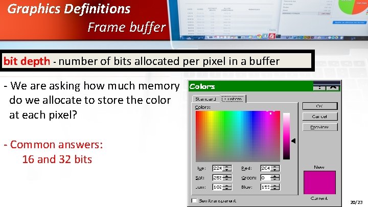 Graphics Definitions Frame buffer bit depth - number of bits allocated per pixel in