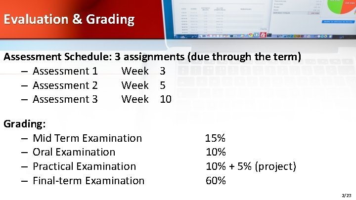 Evaluation & Grading Assessment Schedule: 3 assignments (due through the term) – Assessment 1