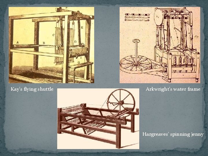 Kay’s flying shuttle Arkwright’s water frame Hargreaves’ spinning jenny 