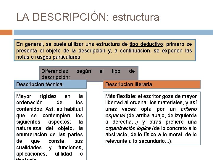 LA DESCRIPCIÓN: estructura En general, se suele utilizar una estructura de tipo deductivo: primero