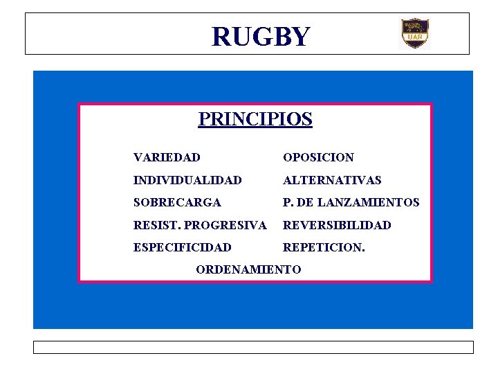 RUGBY PRINCIPIOS VARIEDAD OPOSICION INDIVIDUALIDAD ALTERNATIVAS SOBRECARGA P. DE LANZAMIENTOS RESIST. PROGRESIVA REVERSIBILIDAD ESPECIFICIDAD