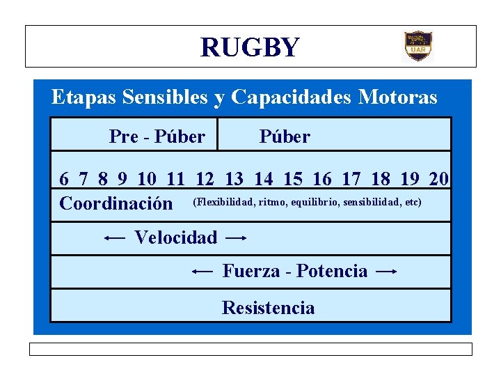 RUGBY Etapas Sensibles y Capacidades Motoras Pre - Púber 6 7 8 9 10