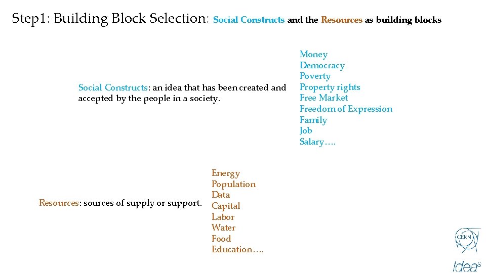 Step 1: Building Block Selection: Social Constructs and the Resources as building blocks Social