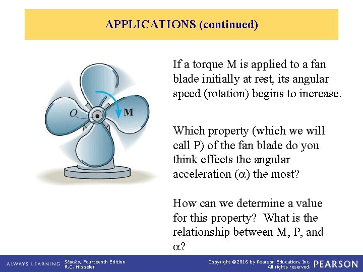 APPLICATIONS (continued) If a torque M is applied to a fan blade initially at