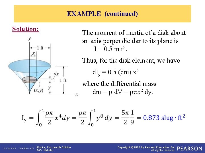 EXAMPLE (continued) Solution: The moment of inertia of a disk about an axis perpendicular