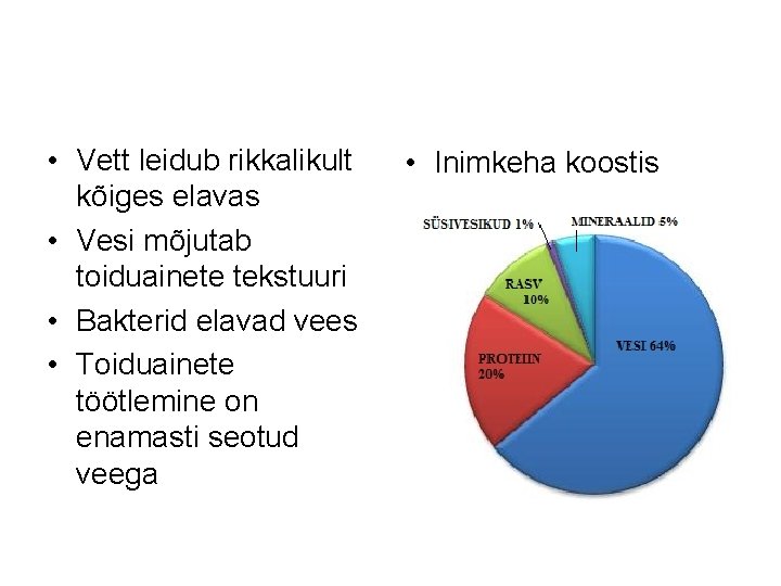  • Vett leidub rikkalikult kõiges elavas • Vesi mõjutab toiduainete tekstuuri • Bakterid