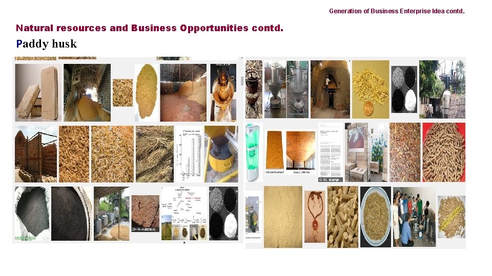 Generation of Business Enterprise Idea contd. Natural resources and Business Opportunities contd. Paddy husk