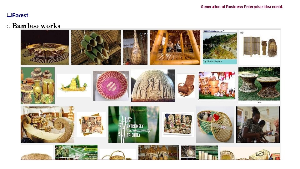 Generation of Business Enterprise Idea contd. q. Forest o Bamboo works 