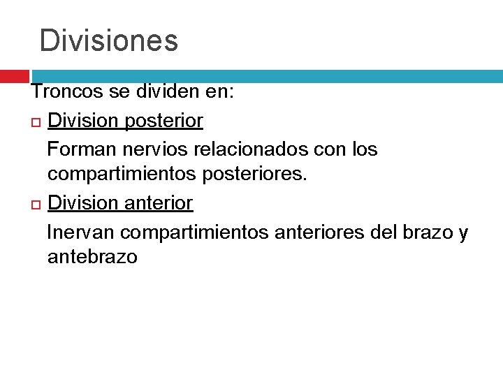 Divisiones Troncos se dividen en: Division posterior Forman nervios relacionados con los compartimientos posteriores.