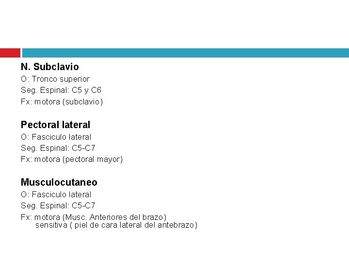 N. Subclavio O: Tronco superior Seg. Espinal: C 5 y C 6 Fx: motora
