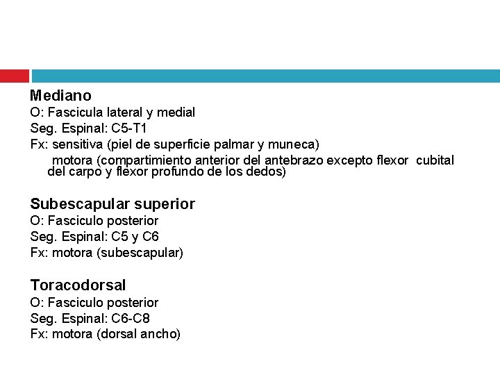 Mediano O: Fascicula lateral y medial Seg. Espinal: C 5 -T 1 Fx: sensitiva