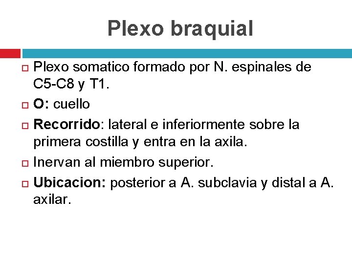 Plexo braquial Plexo somatico formado por N. espinales de C 5 -C 8 y
