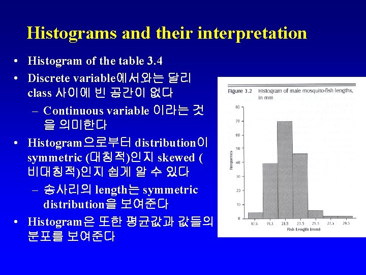 Histograms and their interpretation • Histogram of the table 3. 4 • Discrete variable에서와는