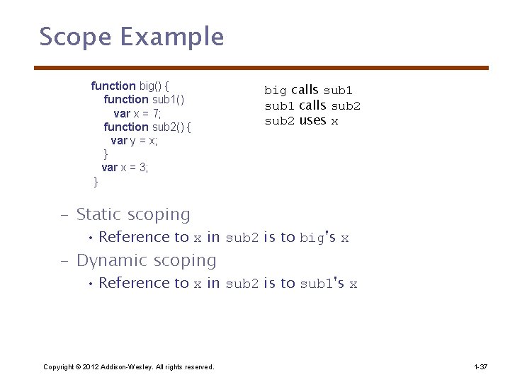 Scope Example function big() { function sub 1() var x = 7; function sub