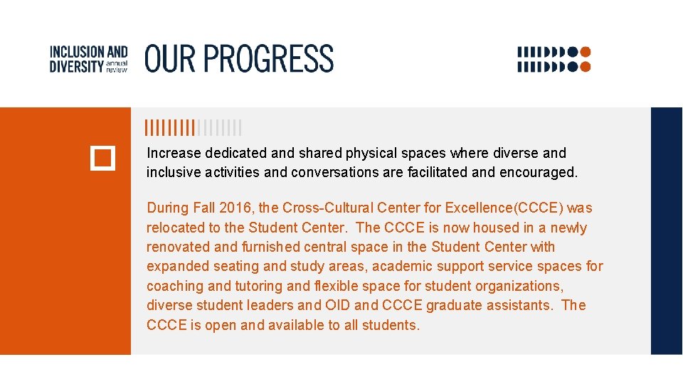 Increase dedicated and shared physical spaces where diverse and inclusive activities and conversations are