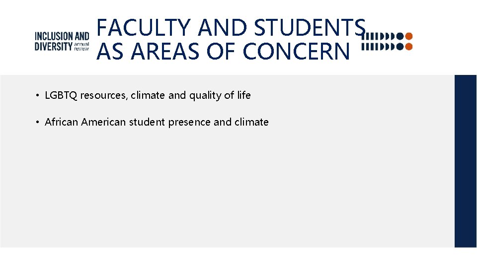 FACULTY AND STUDENTS AS AREAS OF CONCERN • LGBTQ resources, climate and quality of