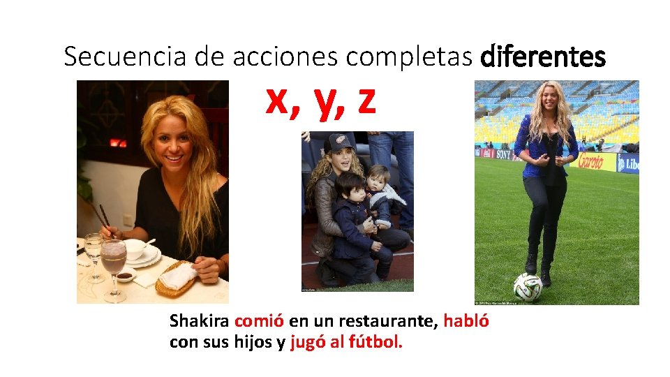 Secuencia de acciones completas diferentes x, y, z Shakira comió en un restaurante, habló