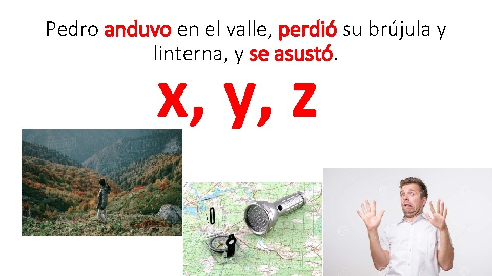 Pedro anduvo en el valle, perdió su brújula y linterna, y se asustó. x,