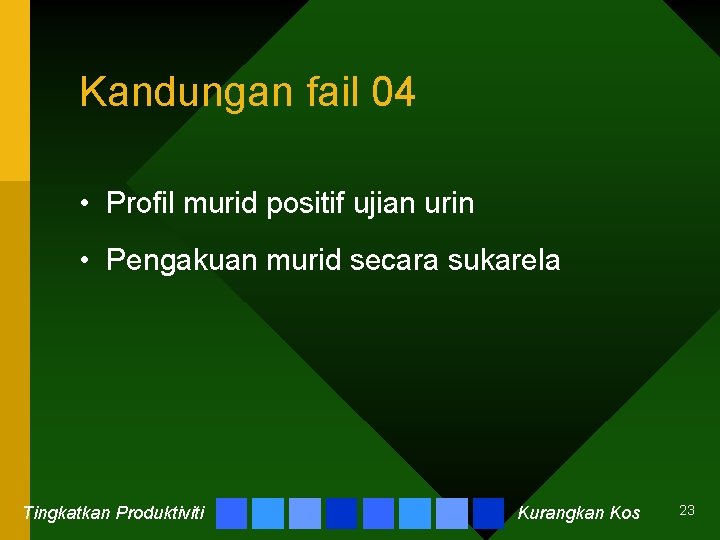 Kandungan fail 04 • Profil murid positif ujian urin • Pengakuan murid secara sukarela