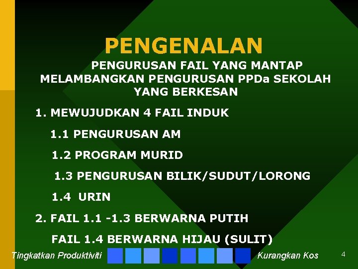 PENGENALAN PENGURUSAN FAIL YANG MANTAP MELAMBANGKAN PENGURUSAN PPDa SEKOLAH YANG BERKESAN 1. MEWUJUDKAN 4