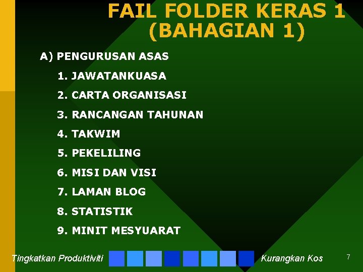 FAIL FOLDER KERAS 1 (BAHAGIAN 1) A) PENGURUSAN ASAS 1. JAWATANKUASA 2. CARTA ORGANISASI