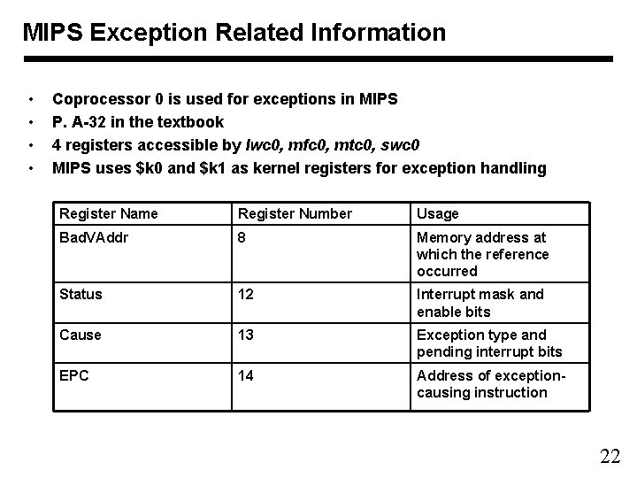 MIPS Exception Related Information • • Coprocessor 0 is used for exceptions in MIPS