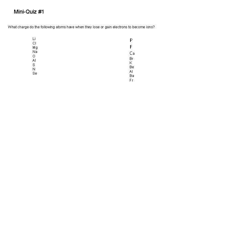 Mini-Quiz #1 What charge do the following atoms have when they lose or gain