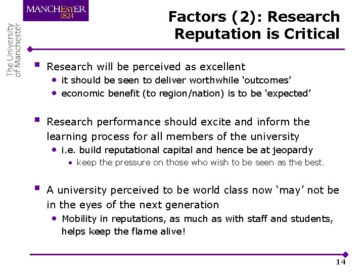 Factors (2): Research Reputation is Critical § Research will be perceived as excellent §