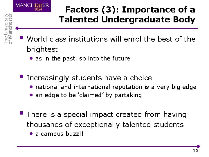 Factors (3): Importance of a Talented Undergraduate Body § World class institutions will enrol