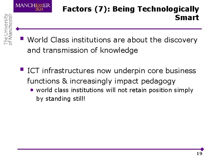 Factors (7): Being Technologically Smart § World Class institutions are about the discovery and