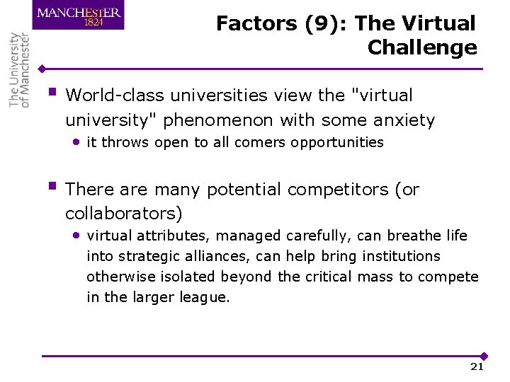 Factors (9): The Virtual Challenge § World-class universities view the "virtual university" phenomenon with