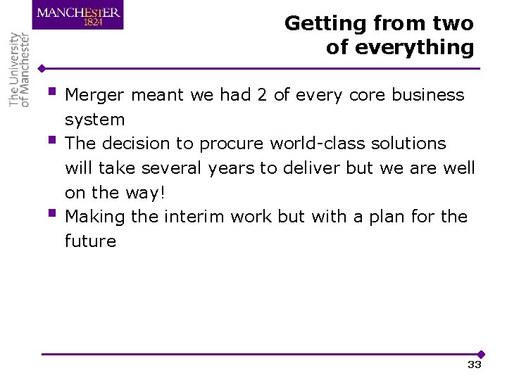 Getting from two of everything § Merger meant we had 2 of every core