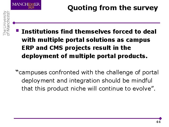 Quoting from the survey § Institutions find themselves forced to deal with multiple portal