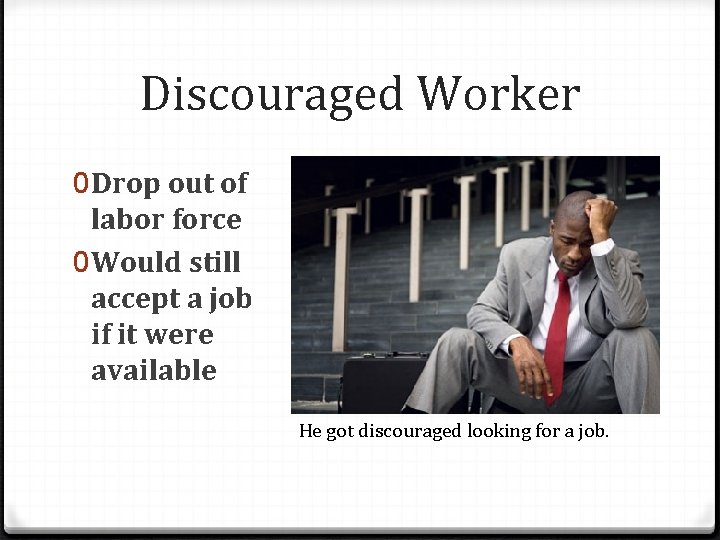 Discouraged Worker 0 Drop out of labor force 0 Would still accept a job